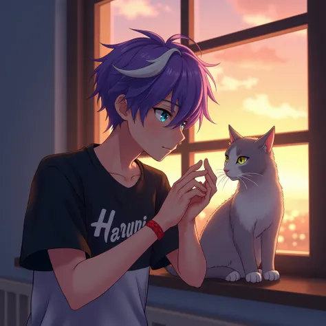 a 20 year old boy, with purple hair with white parts, crystal blue eyes, he wears a red bracelet, a black shirt with the word Harumi written on it, with a white color, he is looking at the window while petting his cat, he is in his room while the sunset li...