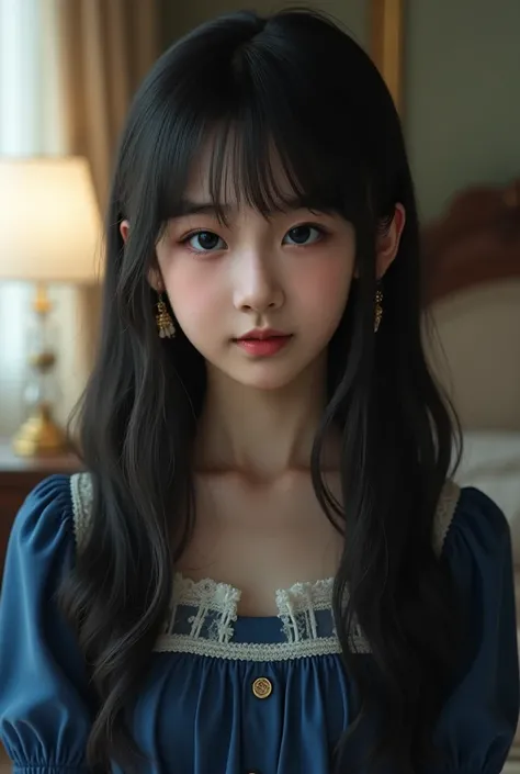 A pretty teen girl, shy girl, lovely, realistic, smile, pale white skin, silk smooth black hair, long hair, wearing lolita dress ,dark blue lolita dress, straight hair, high quality, ultra-detailed, masterpiece, cinematic lighting, vibrant colors, photorea...