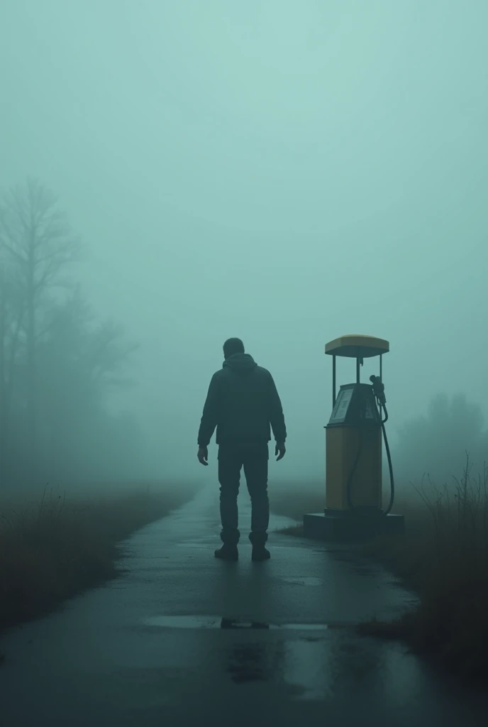 "A terrified man looking around in panic at an empty petrol pump, his car mysteriously gone, surrounded by thick fog and eerie silence."
