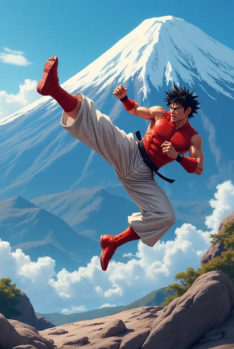 Baki Hanma giving a kick in the air with Mount Fugima as background 