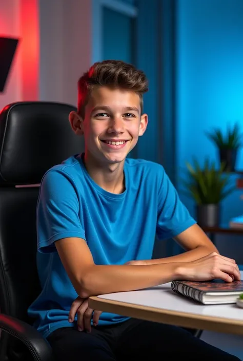 Create this image as boy is sitting on a chair in a YouTube studio. In front of him is a table where he rests one hand. On one edge of the table, there is a small plant in a pot, and on the other side, a few books are neatly stacked. The background feature...