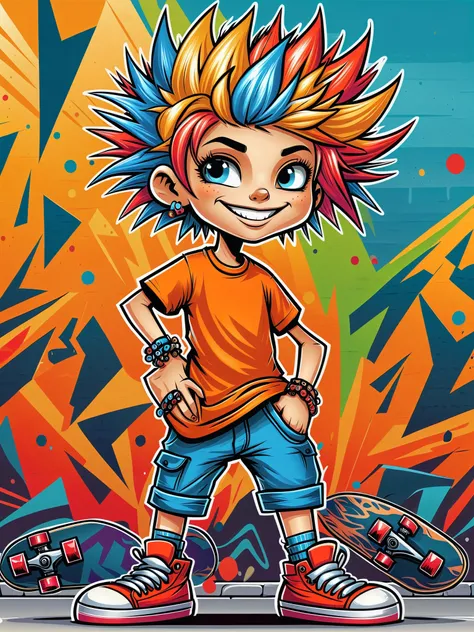 A cartoon doodle character，Vector illustration，A sweet and lovely ，With spiky, brightly colored hair，Unique and wild style，Wearing orange T-shirt，Blue shorts and red shoes, She often has a mischievous smile，And stir up trouble in the nameless town, She was...