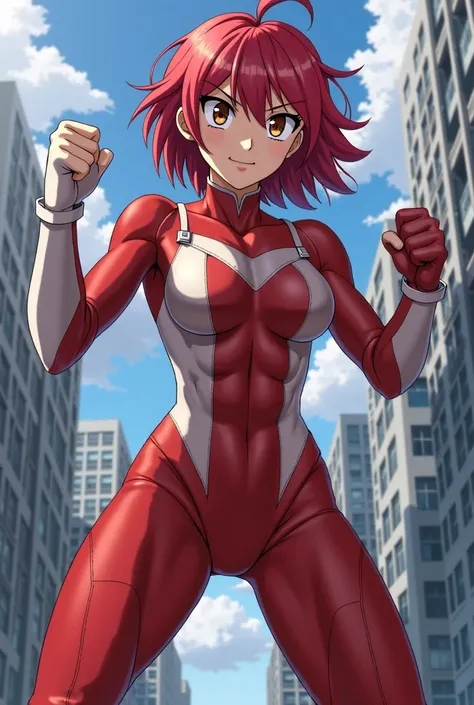  My Hero Academia style ,   anime girl , woman, young woman ,  full body shot ,( Fighting Stance :1.3),Long Hair, Red Hair,   Brown Eyes , hero suit, Full Body Suit,  red suit with white details, perfect anatomy,  enhanced abs , super detailed,(building:1....