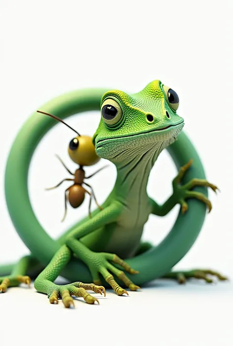  on a white background a green lizard, just, ant behind a circle 