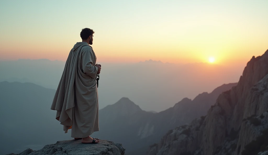 A Stoic philosopher dressed in simple robes, standing on the peak of a high mountain, gazing at the vast expanse below. The sky is clear, with the first light of dawn breaking over the horizon. The philosopher’s calm demeanor and steady gaze reflect the St...