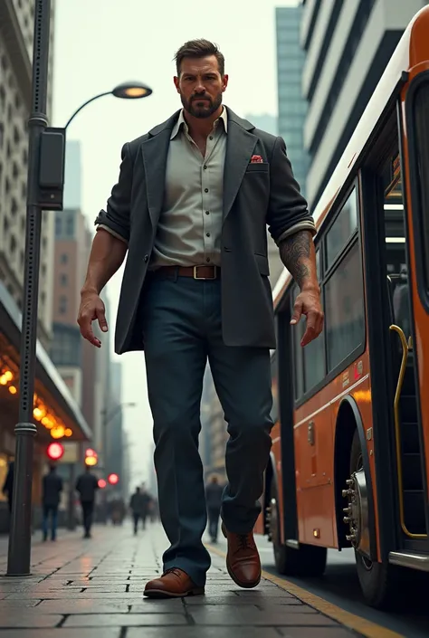 A real two-meter tall person while steps off a bus.