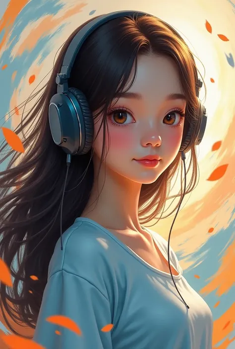 A young woman with long,  flowing dark brown hair wears over-ear  𝐚𝐧𝐝 𝐠𝐚𝐦𝐢𝐧𝐠 𝐬𝐭𝐨𝐝𝐢𝐨 , her expression serene. Shes dressed in a light blue, slightly loose-fitting shirt.  The background features swirling abstract shapes in shades of orange, blue, and white,...