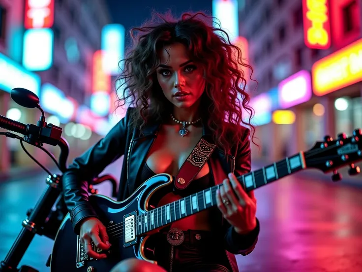 beautiful lady, curly hair, playing electric guitar sitting on a harley davidson motocycle, facing camera,  in a neon street