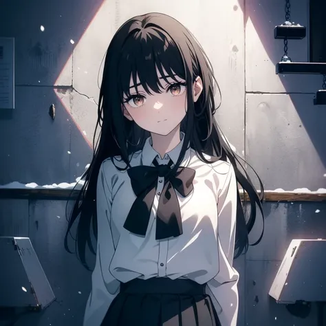 (Masterpiece,  best quality,  super high res),  1 girl,  is standing,  school uniform, white office shirt,  black pleated skirt, ((( black hair, dark  black hair))), ( long hair),  blue-white skin, ((brown eye)), Shine_eye, neon eye, (ultra detailed eye:0....