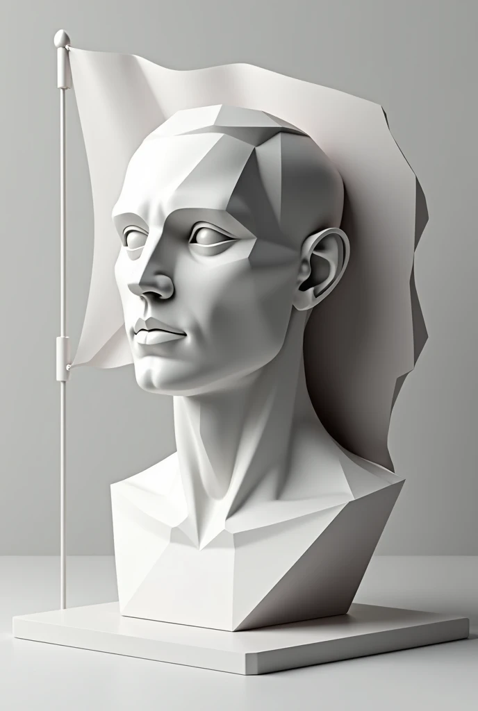 Bust of a polygonal man with a polygonal flag behind the head of the bust