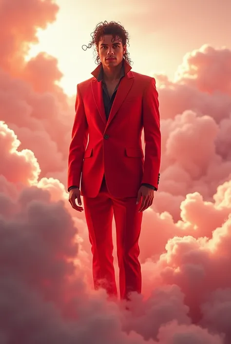 Michael Jackson stands on the clouds face to face the camera in front and he is wearing a suit of red color