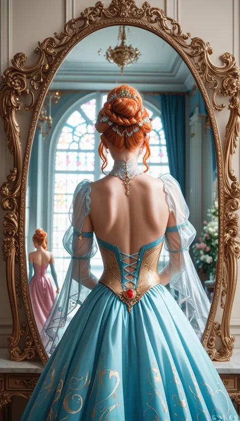 A woman stands in front of an ornate mirror wearing a dress made of an ethereal unknown material, The dress is multicolored reflecting hues that shift and shimmer with a texture that appears almost liquid, It is thin soft and glowing, The woman’s back is v...