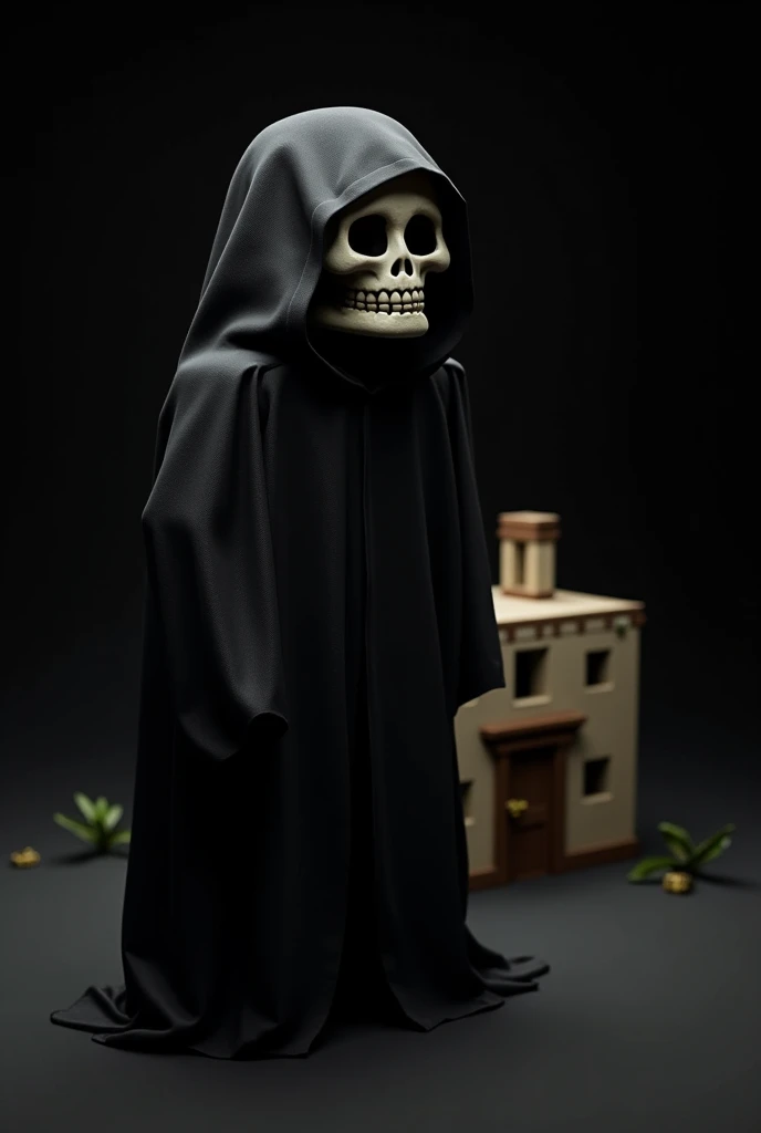 minecraft man with a casa and a dark robe and instead of a face a skull character on a black background
