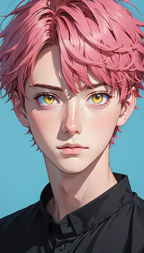 a anime character with pink eyes who is dressed in black clothing and not wearing a hat, 1boy, male focus, solo, pink hair, blue background, freckles, looking at viewer, black shirt, shirt, Yellow eyes, simple background, short hair, portrait,,,