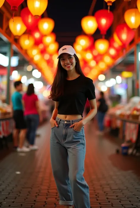 ไปเดินเที่ยวกันค่ะ😘

Prompt: In the heart of a lively night market, a slim young Asian woman stands confidently under a canopy strung with vibrant paper lanterns. Wearing a white baseball cap, a black crop top, light blue loose-fitting short jeans, and whi...