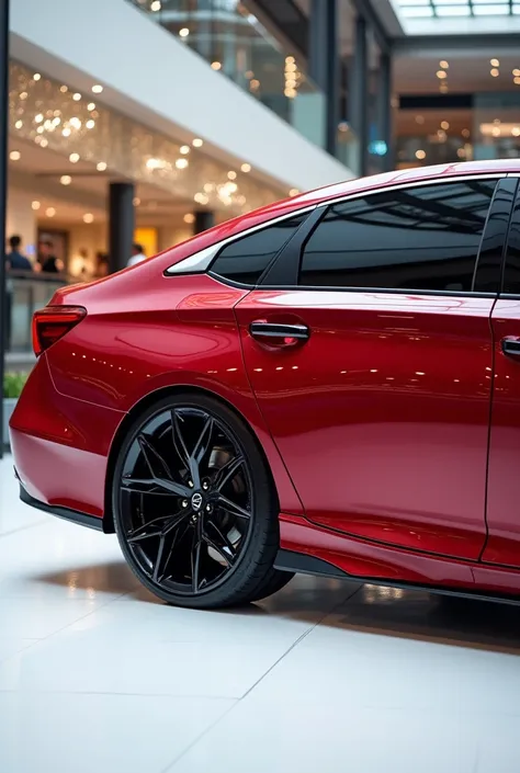 A  next-door side view photo of a red 2025  Honda Accord with a sleek, full modified, modern design. The car is parked on a white surface. The background is a shopping mall with white lights. The photo reveals the luxurious interior. The overall ambiance i...