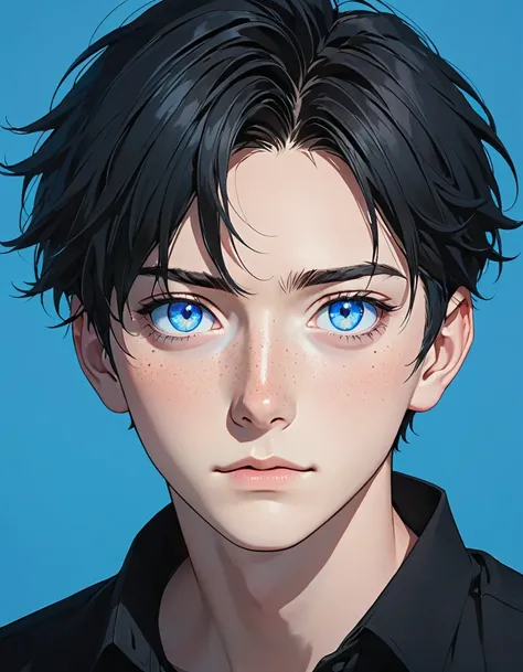 a anime character with blue eyes who is dressed in black clothing and not wearing a hat, 1boy, male focus, solo, black hair, blue background, freckles, looking at viewer, black shirt, shirt, blue eyes, simple background, short hair, portrait,,,