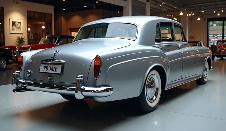 a sleek silver colour 1964 rolls royce  in showroom in public 8k hd prompt bna doo full back bumper closeup view full clear in showroom in public