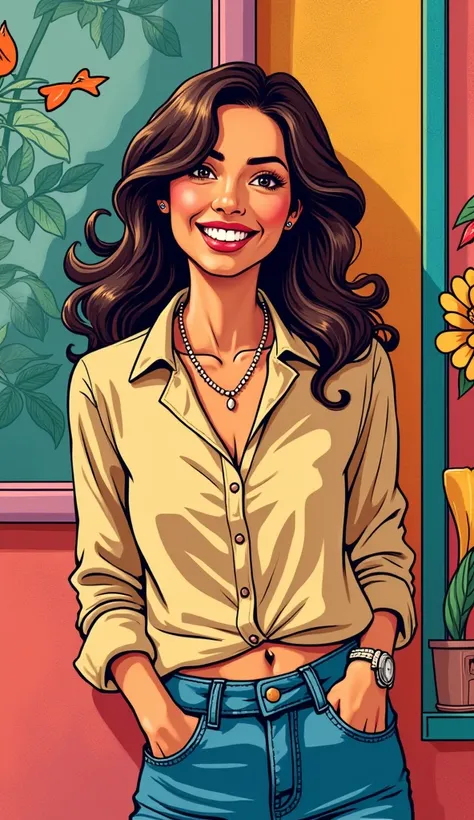 A discreet and casual image of an adult American woman in comic book style, smiling and appearing happy. She is dressed in casual and tasteful clothing, such as a blouse and jeans, with an approachable and friendly appearance. The background is vibrant and...