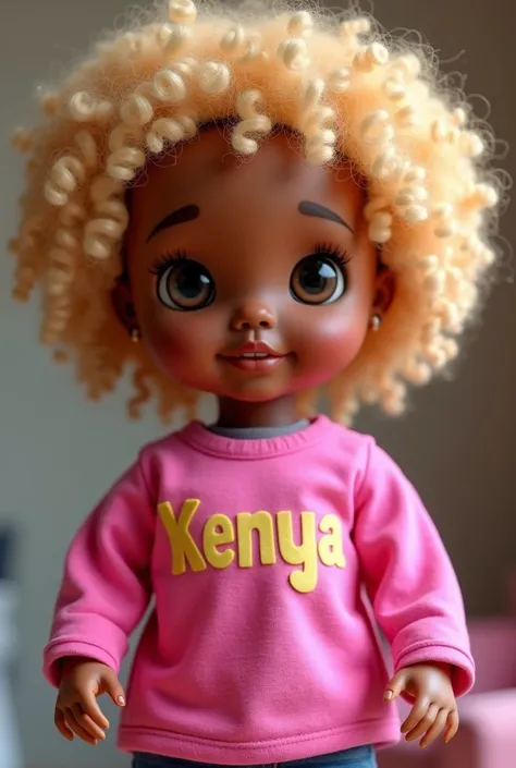 Create an image of a blond haired black doll wearing a pink shirt with Kenya spelled 