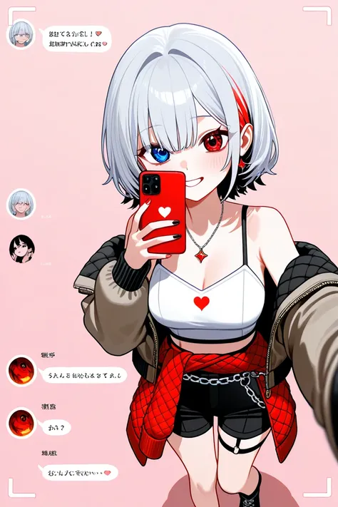 1girl, short hair, silver hair, solo focus, Highress, 2k, full body illustration, 
Eyes:
heterochromatic, left eyes is blue, right eyes is red. 
Clothing Description:

Top: Wearing a white crop top with black straps, layered with black mesh covering the ne...