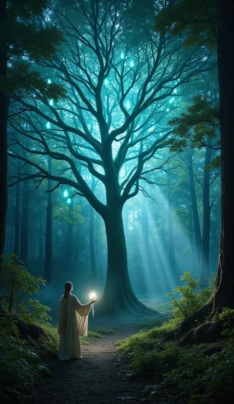 Perspective: A wide-angle shot of a glowing celestial tree in the center of a mystical forest. The branches hold small, glowing scales hanging like fruits. Subject: A serene figure dressed in flowing robes stands beneath the tree, reaching for one of the g...