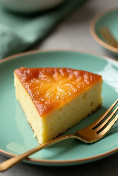 San Sebastián cake slice on a mint green plate with a gold fork on the side and don’t add sugar powder 