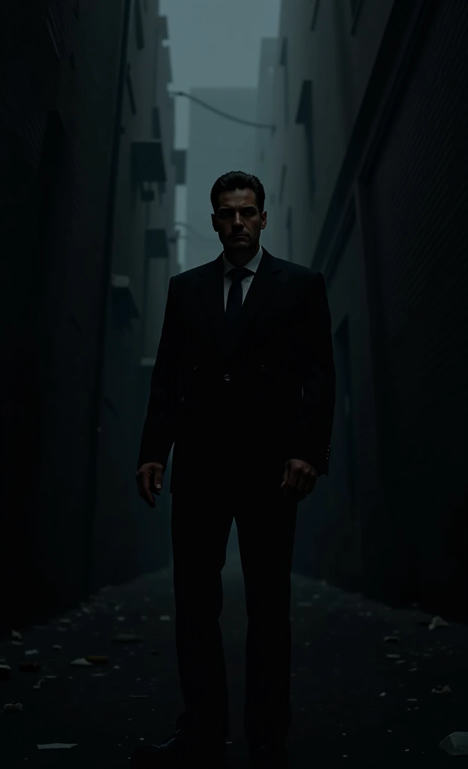  A middle-aged Caucasian male , with short dark hair, stubble , Wearing a dark suit without a tie , standing in a dimly lit alley