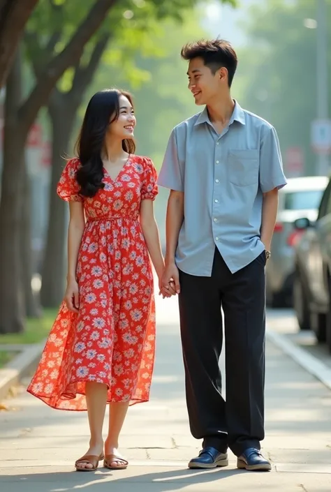 professional real photo depicts a young Korean couple aged 19 standing on a sidewalk in the city. The woman is wearing a red and white floral dress and brown sandals, smiling warmly as she holds the mans hand. The man, wearing a light blue shirt, loose bla...