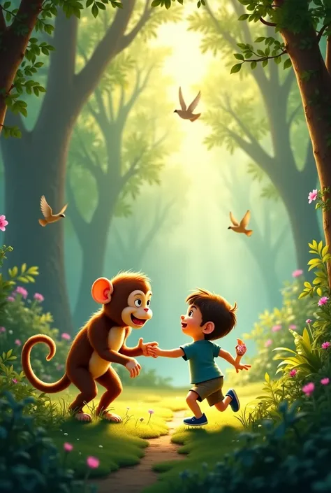 Every day, Leo played with the animals. His best friend was Kiko, a playful monkey with a mischievous smile. Kiko would swing from tree to tree, calling out to Leo, "Catch me if you can!" And Leo would laugh as he chased him through the forest. They would ...