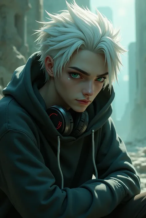 It’s a   named zioles with white hair and green eyes wearing a hoodie with headphones and has sharp features  