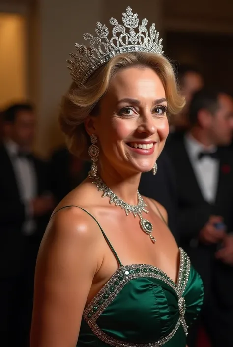 queen  Arabella,  caught on cameras outside after leaving a glamorous event .  She wore an elegant evening dress and a shimmering crown on her head .  The fabric of her dress shines brightly ,  Her elegance was reflected around her every step . 

 Cameras ...