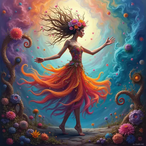 A wild, psychedelic nymph dances amidst a whirlwind of swirling colors and fantastical creatures, her ethereal form a kaleidoscope of vibrant hues. This mesmerizing painting captures her essence with intricate detailing and dynamic brushstrokes, creating a...