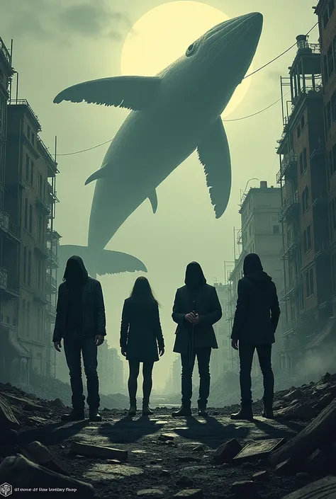 affiche de concert du groupe "The Flying Whales" avec une ambiance de fin du monde des ruines et 4 musiciens dont on ne voit pas le visage + une statue géante de baleine
