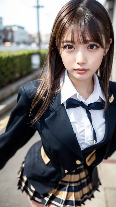 ((masterpiece,  top quality ,  high res,  Ultra Fine)),  Japanese high school girl ,( realistic :1.5)、 Amazing Face 、 sharp mouth、 close your mouth、Glossy Lips 、 twin tails,(Beautiful brown hair:1.5)、 high school uniform ,(Black blazer, dress shirt, very s...