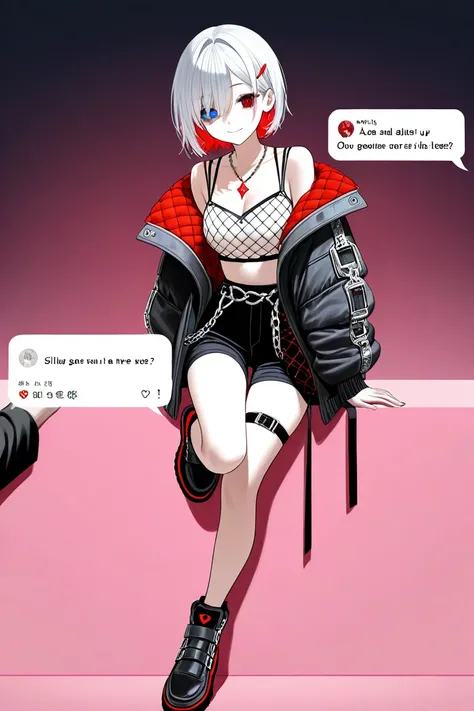 1girl, short hair, silver hair, solo focus, Highress, 2k, full body illustration, 
Eyes:
heterochromatic, left eyes is blue, right eyes is red. 
Clothing Description:

Top: Wearing a white crop top with black straps, layered with black mesh covering the ne...