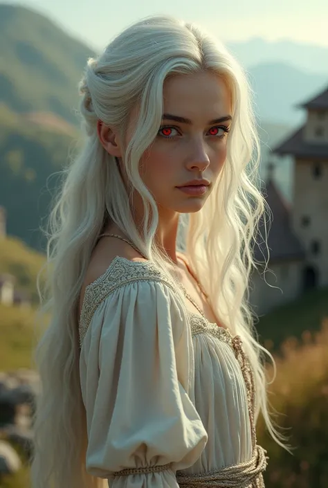 Austrian girl from the middle ages with white hair and red eyes 