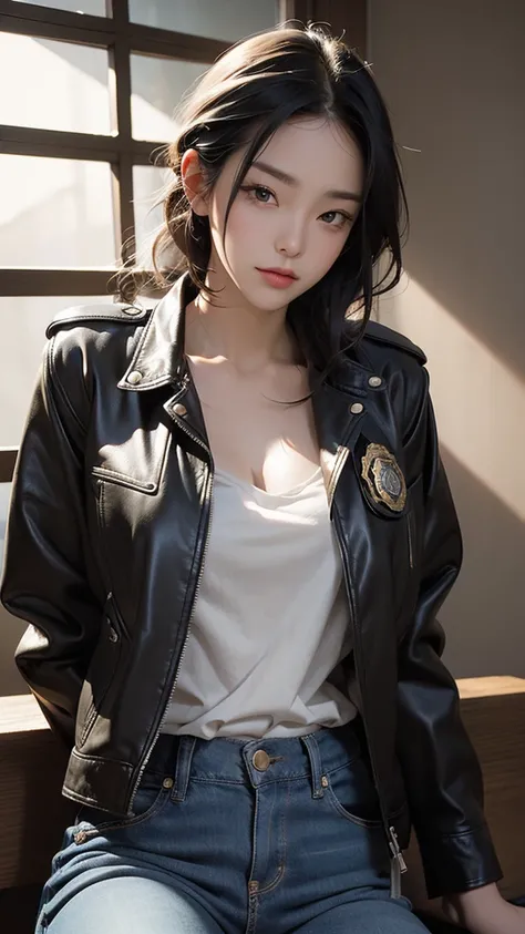 エム・ハイツ portrait of 画,   beautiful faces,   portrait of  .   Shes wearing a leather open jacket,  lingerie,   black jeans, Dramatic lighting, (Police Badge:1.2).