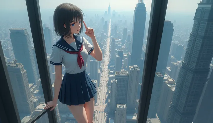 A super huge girl wearing a school uniform that is the same height as a skyscraper is leaning forward and poking with her finger while looking into a window