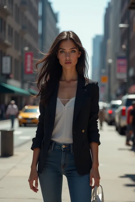 A woman with black hair and blue eyes standing on a sidewalk