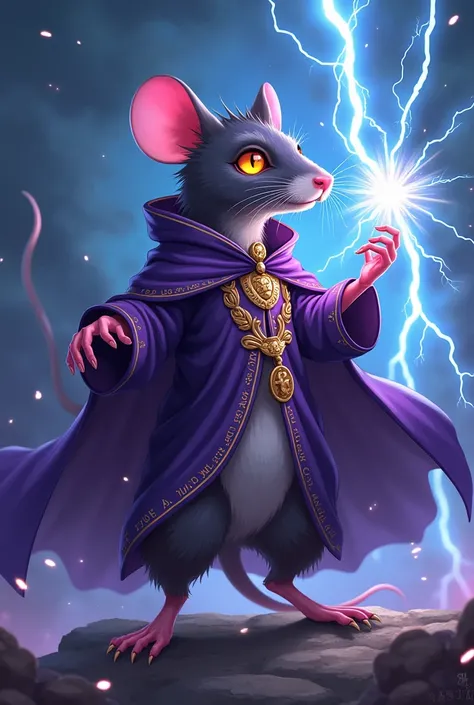  Make a rat in purple sorcerers clothing, with electric anime-style powers 