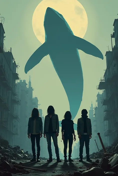 affiche de concert avec le nom du groupe "The Flying Whales" avec une ambiance de fin du monde des ruines et 4 musiciens dont on ne voit pas le visage + une statue géante de baleine
