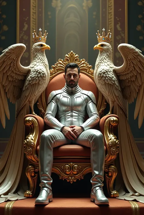 A man wearing a space suit sitting on a royal chair surrounded by four eagles wearing crowns on their heads.