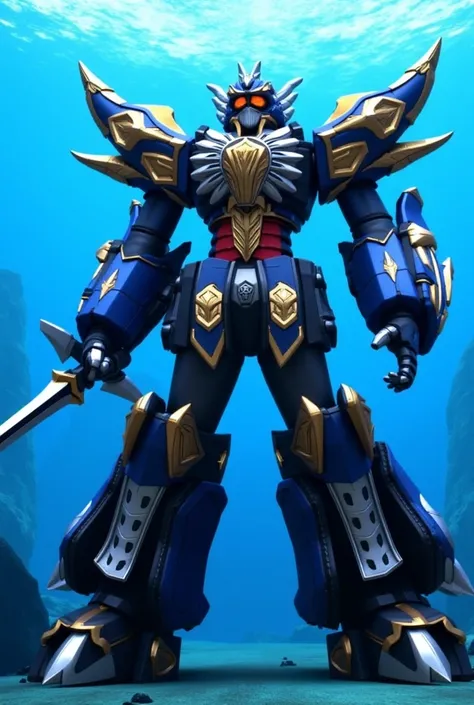 Underwater, the head of the megazord is in the shape of a fish head, the legs of the megazord are in the shape of a mermaids tail, the right hand of the megazord is in the shape of a shark, the left hand of the megazord is in the shape of a whale, the ches...