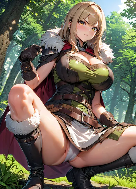 score_9, score_8_up, score_7_up, source_anime, 1girl, solo, looking at viewer, Chifusa, huge breasts, viking, fur trim, armor, cape, outdoors, forest, nature, tree, squatting, from below, spread legs, belt, boots, fur-trimmed boots, gloves, cleavage, serio...