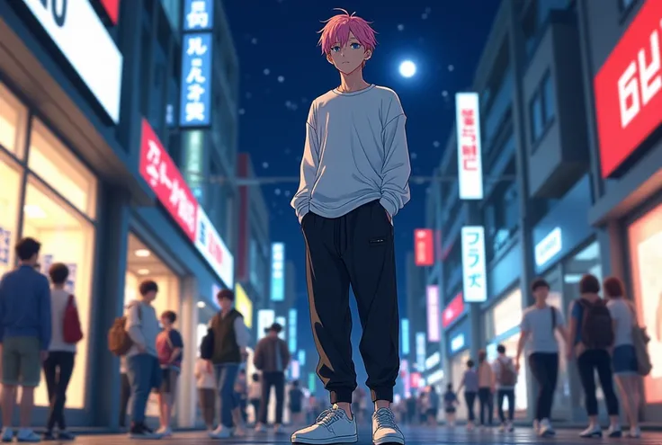 A 25-year-old anime man , anime To love ru,  soft lighting ,  standing on the sidewalk next to clothing stores in the central city of Shibuya in Tokyo, There are people around you at night with a starry sky and a bright moon. , He measures 1 . 78 cm high ,...