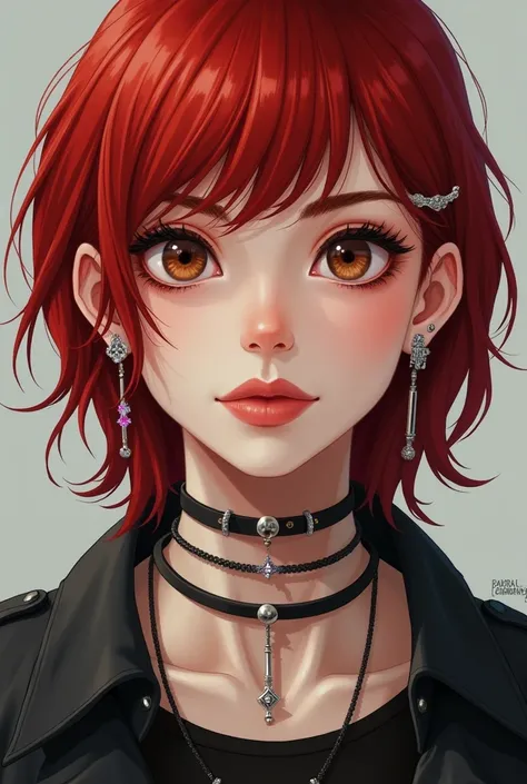 person with red hair and brown eyes worth ear full of piercings including top 3 holes, helix and other piercings 