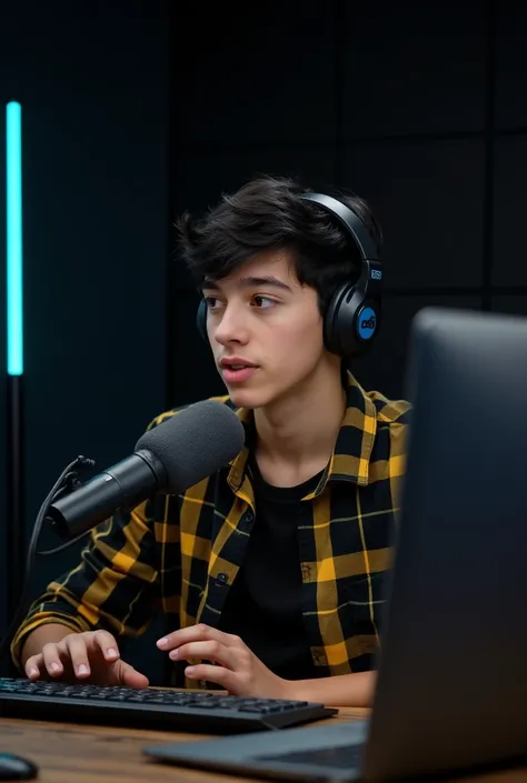 A 21 year old boy is sitting in front of a computer desk with a mic and a laptop. He is wearing a black and yellow checked shirt and has black hair against a black themed background in 16:9 in hd quality.