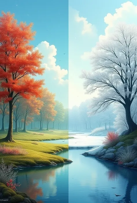 Two season, different scenery, half image, landscape