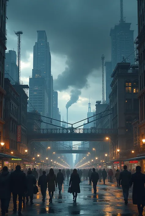 Humans walking around the city dark blue clouds sky